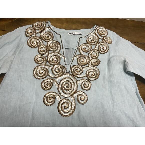 Barbara Gerwit Blue Linen Embroidery Tunic Top Blouse Cover Up Medium - Picture 2 of 14